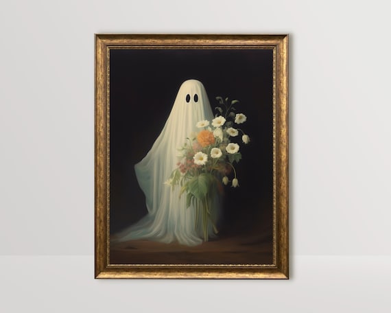 Ghost Holding A Flower Bouquet On Black Whimsical Art Poster