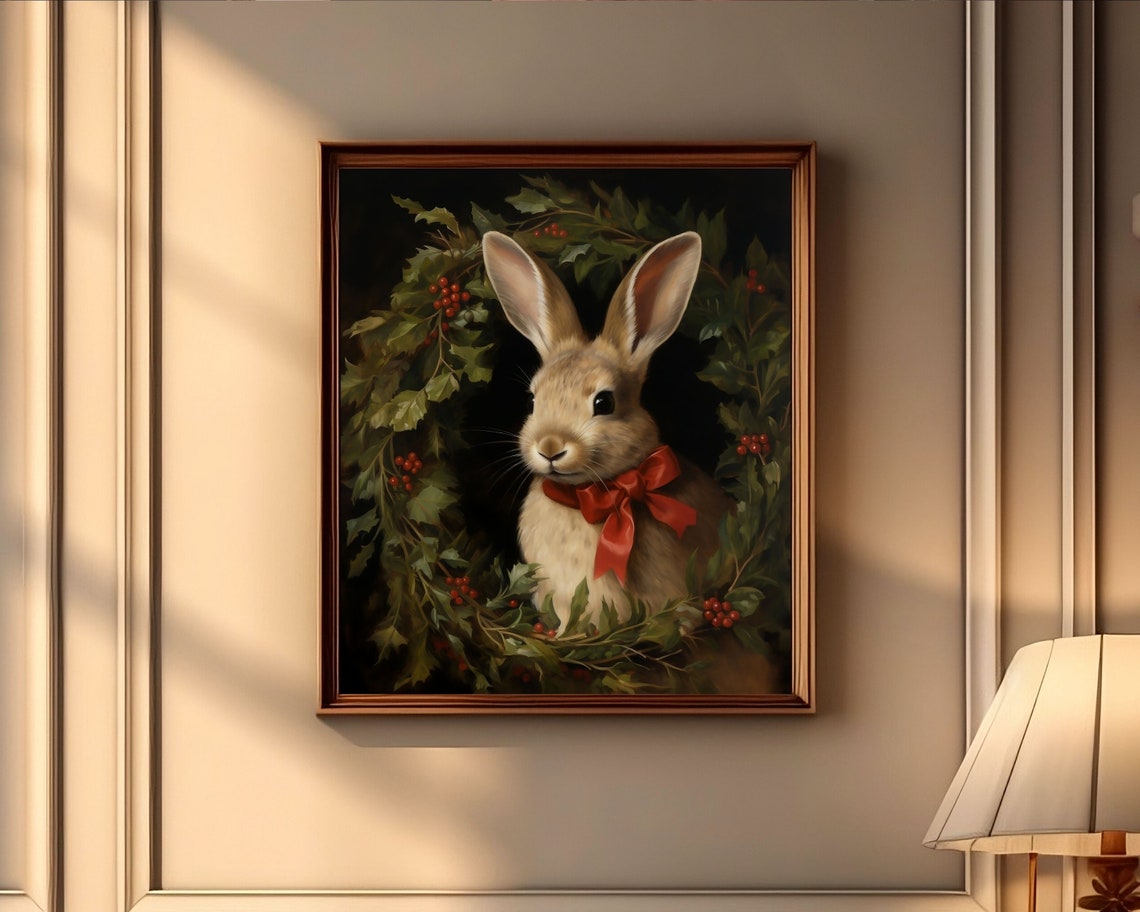 Festive Rabbit Dark Academia Christmas Art Print - Image 3