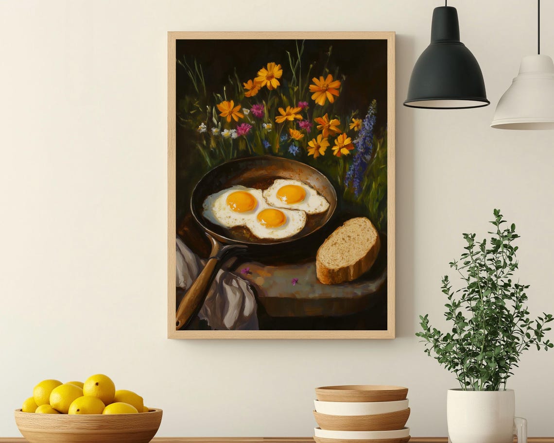 Fried Egg Whimsical Kitchen Wall Art Fun Breakfast Art Print Moody Eggs Sourdough Funny Still Life Painting Dark Food Prints - Image 4