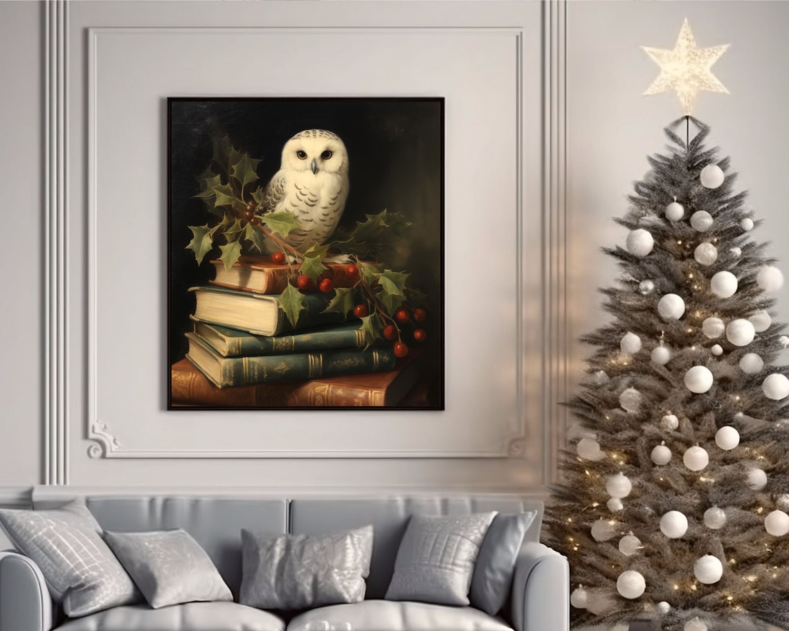 White Owl on Books Vintage Christmas Art Print - Image 3