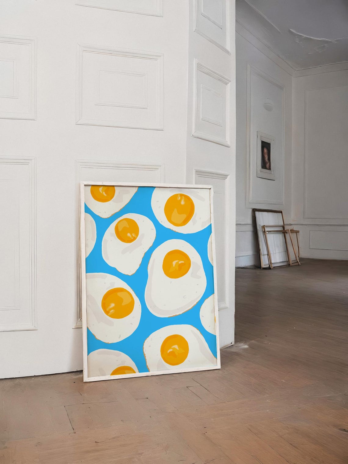 Sunny Side Up Fried Eggs Pattern on Blue Kitchen Wall Poster - Image 3