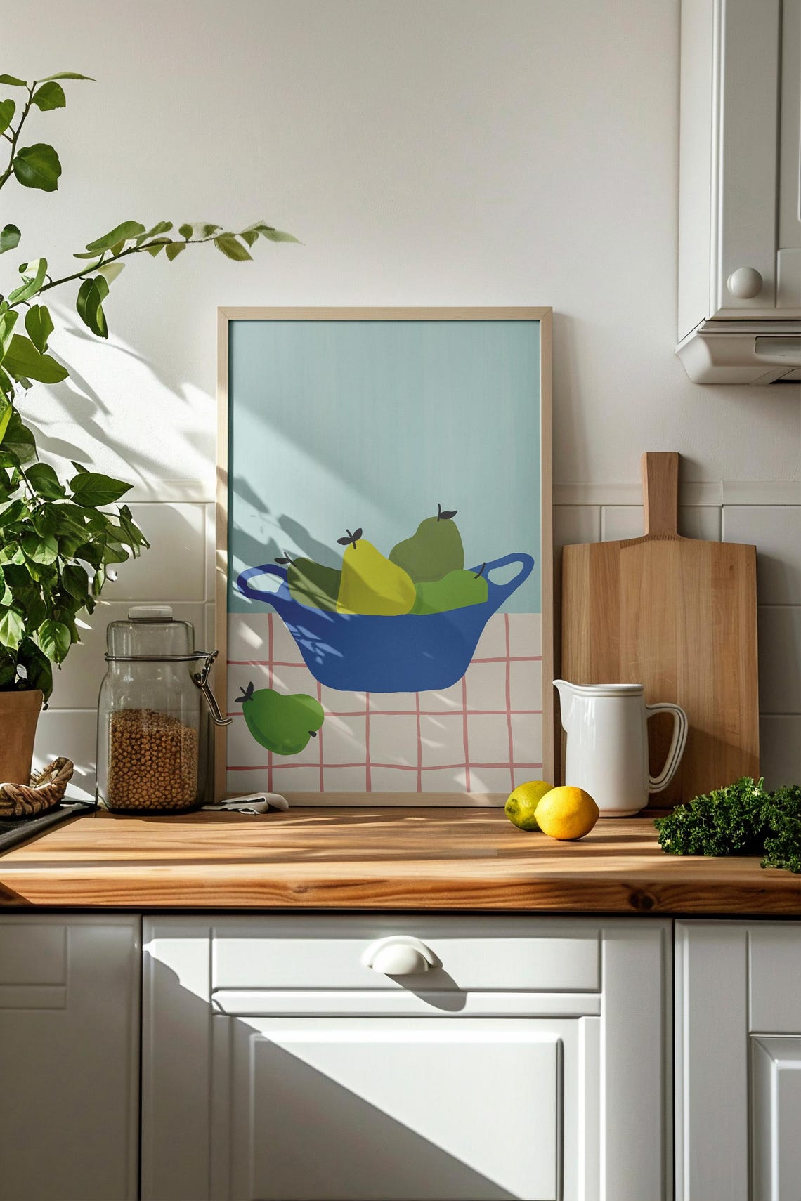 Green Pears in Blue Bowl Still Life Retro Kitchen Art Poster - Image 4