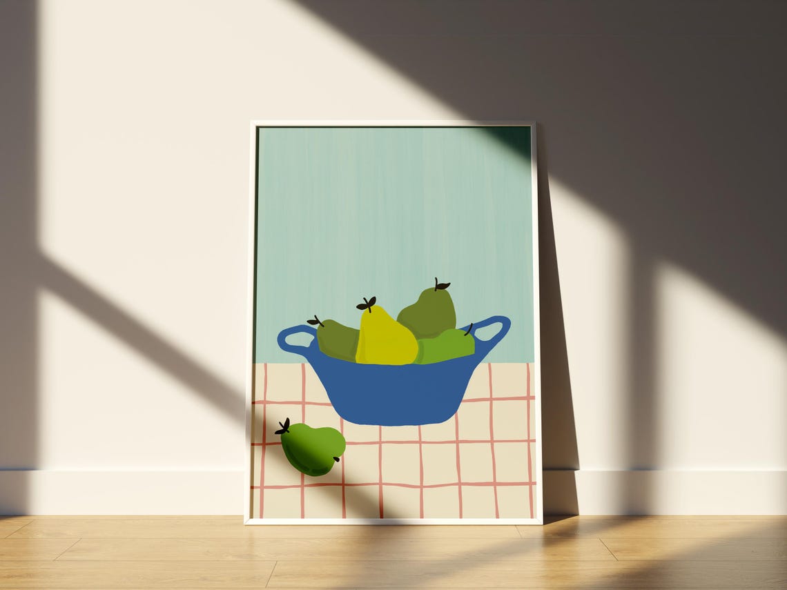 Green Pears in Blue Bowl Still Life Retro Kitchen Art Poster - Image 2
