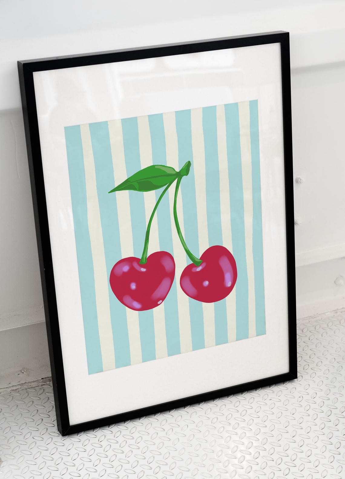 Red Cherry Pair Illustration on Blue White Striped Kitchen Poster - Image 4