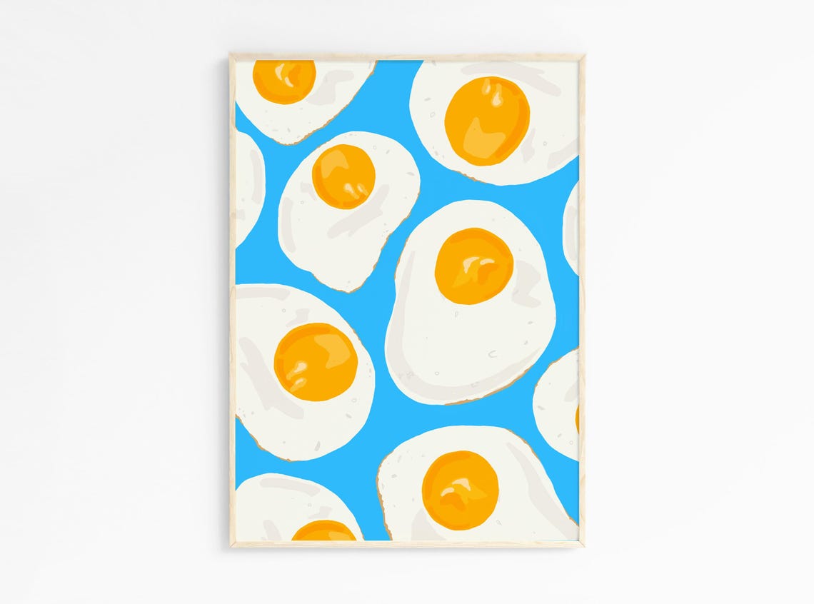Sunny Side Up Fried Eggs Pattern on Blue Kitchen Wall Poster