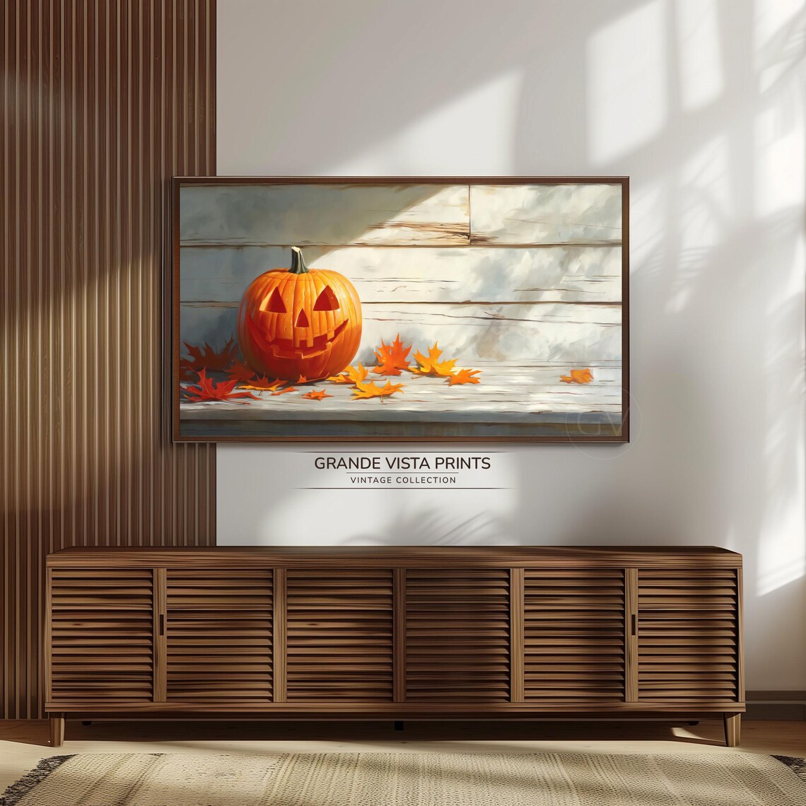 Smiling Jack O Lantern White Steps Fall Leaves Vintage Halloween Art Poster - Image 3
