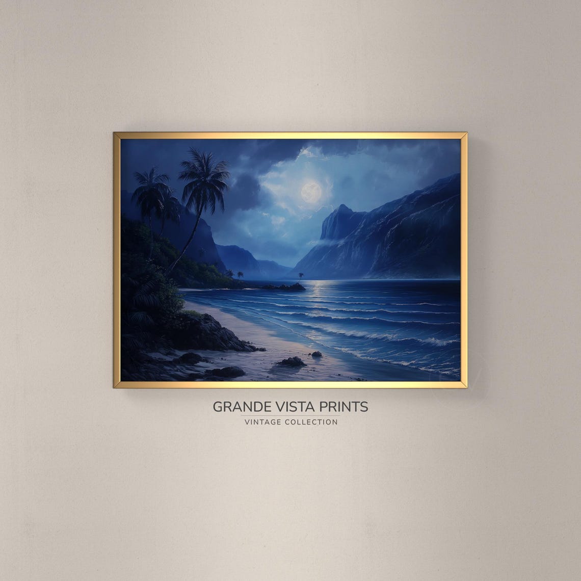 Tropical Blue Night Beach Moonlit Waves Cliffs Coastal Travel Poster