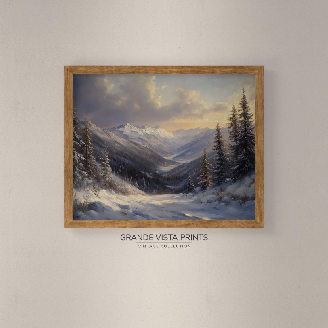 Golden Hour Alpine Valley Snowy Peaks Vintage Winter Landscape Poster - Image 4