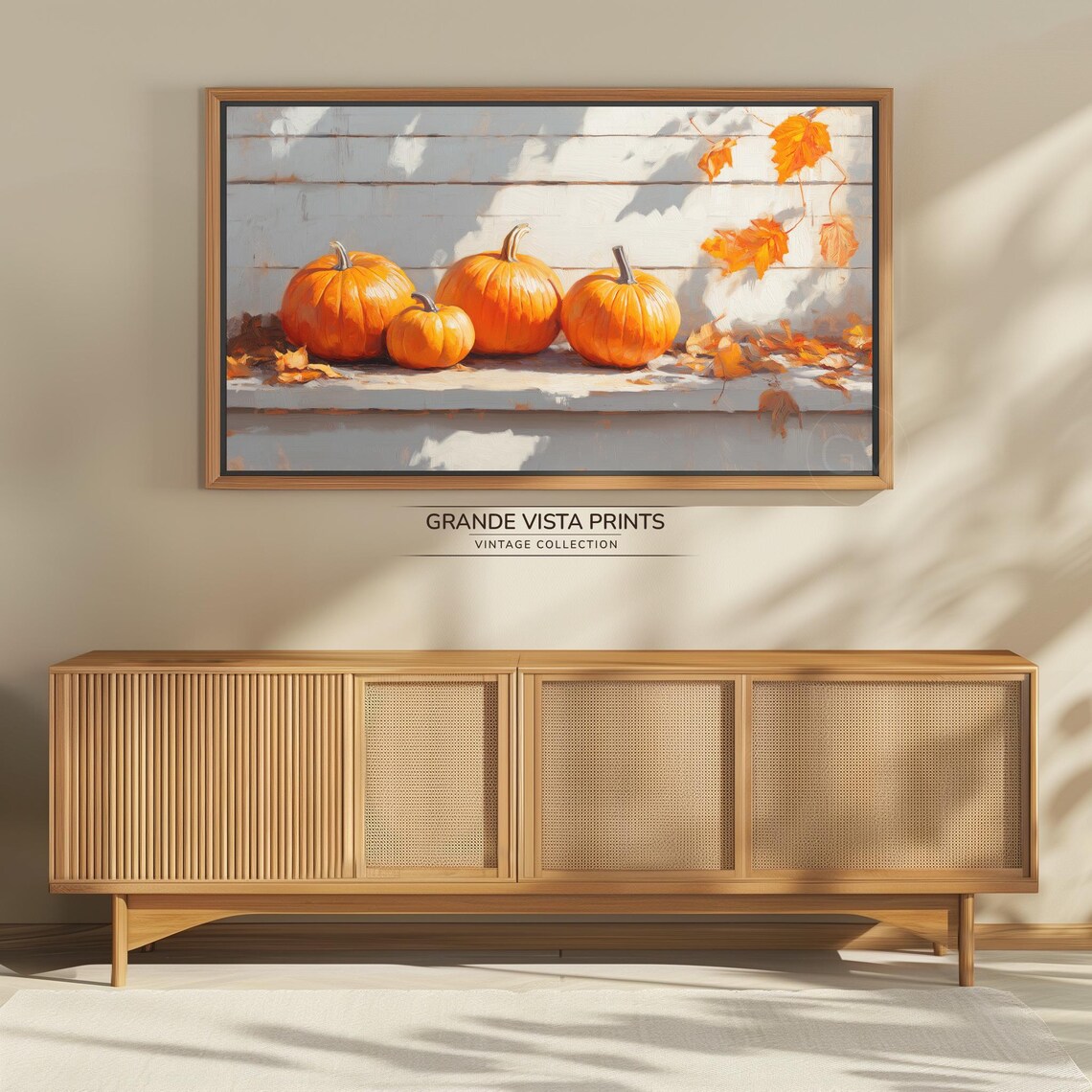 Four Orange Pumpkins White Wooden Wall Fall Leaves Vintage Harvest Poster - Image 4