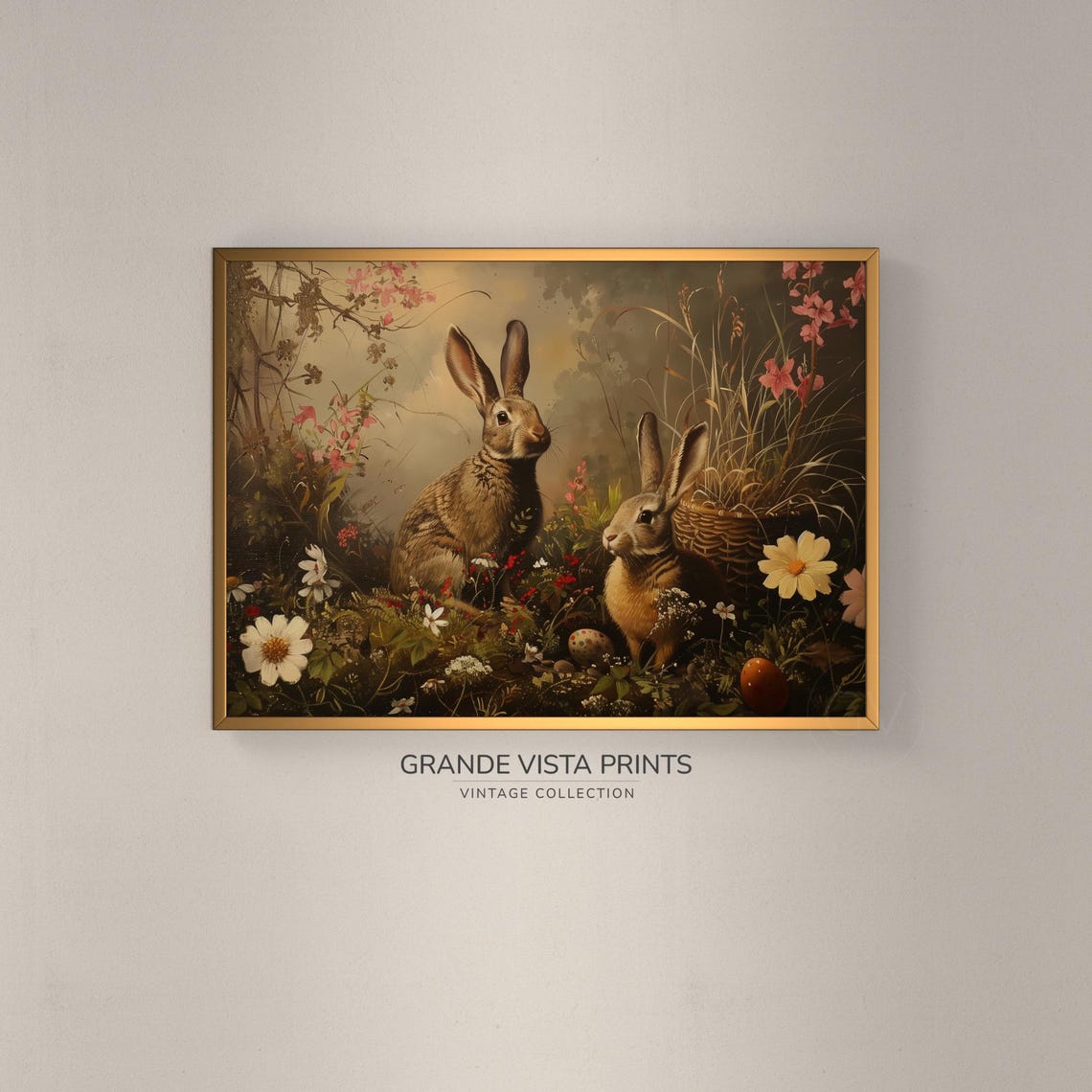 Two Brown Rabbits in Wildflower Meadow with Basket Eggs Easter Print