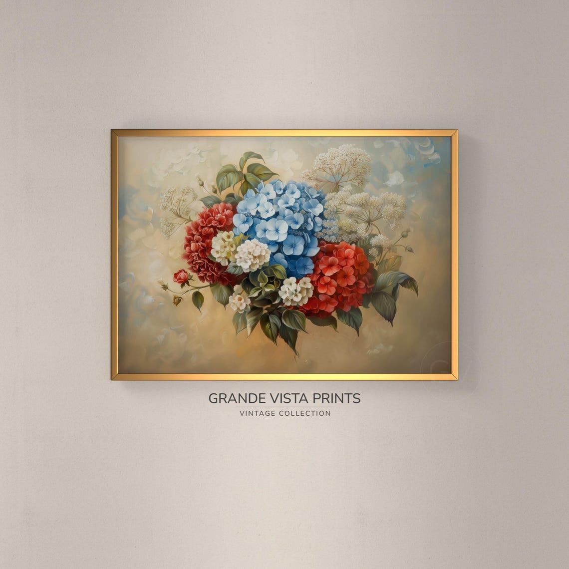 Blue Hydrangea Red White Bouquet Vintage Floral Still Life Poster