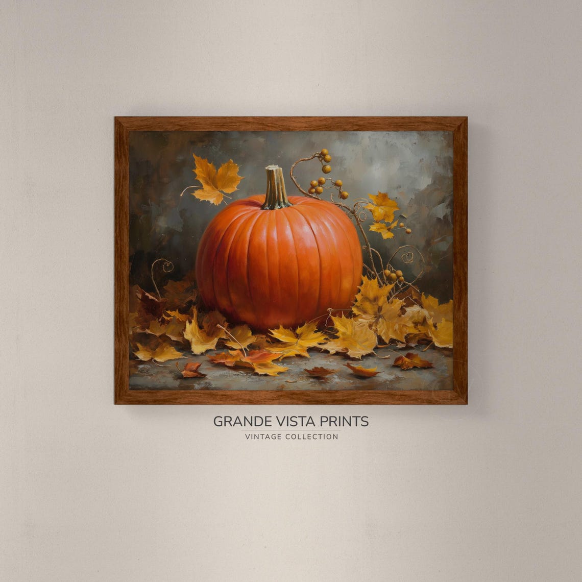 Orange Pumpkin Autumn Leaves Gray Harvest Still Life Painting Poster - Image 4