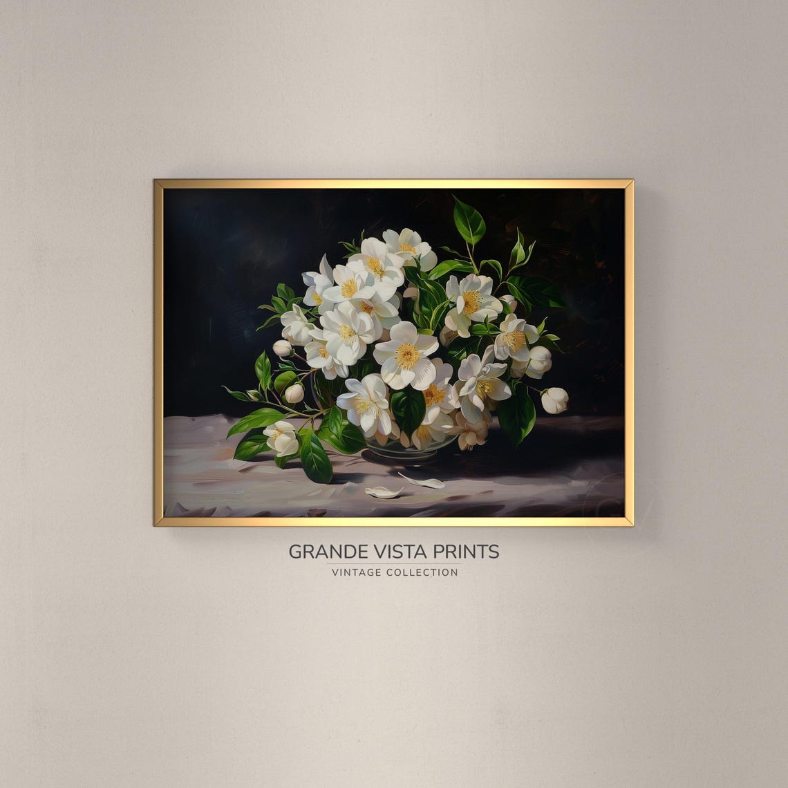 White Blossom Bowl Dramatic Dark Background Floral Still Life Wall Art