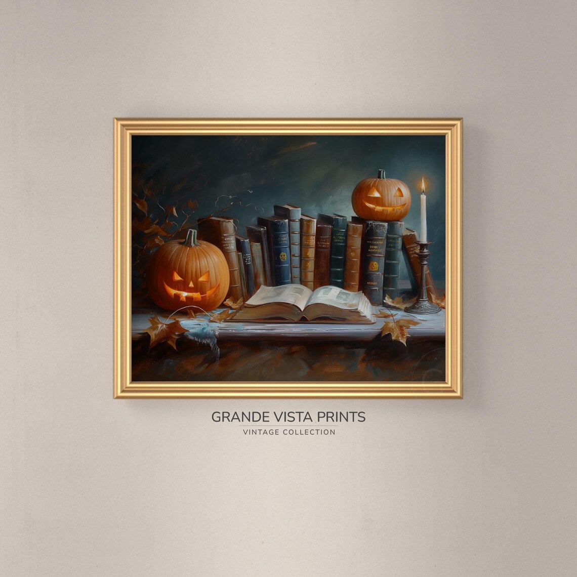 Jack O Lanterns With Vintage Library Books Cozy Halloween Art Poster - Image 3