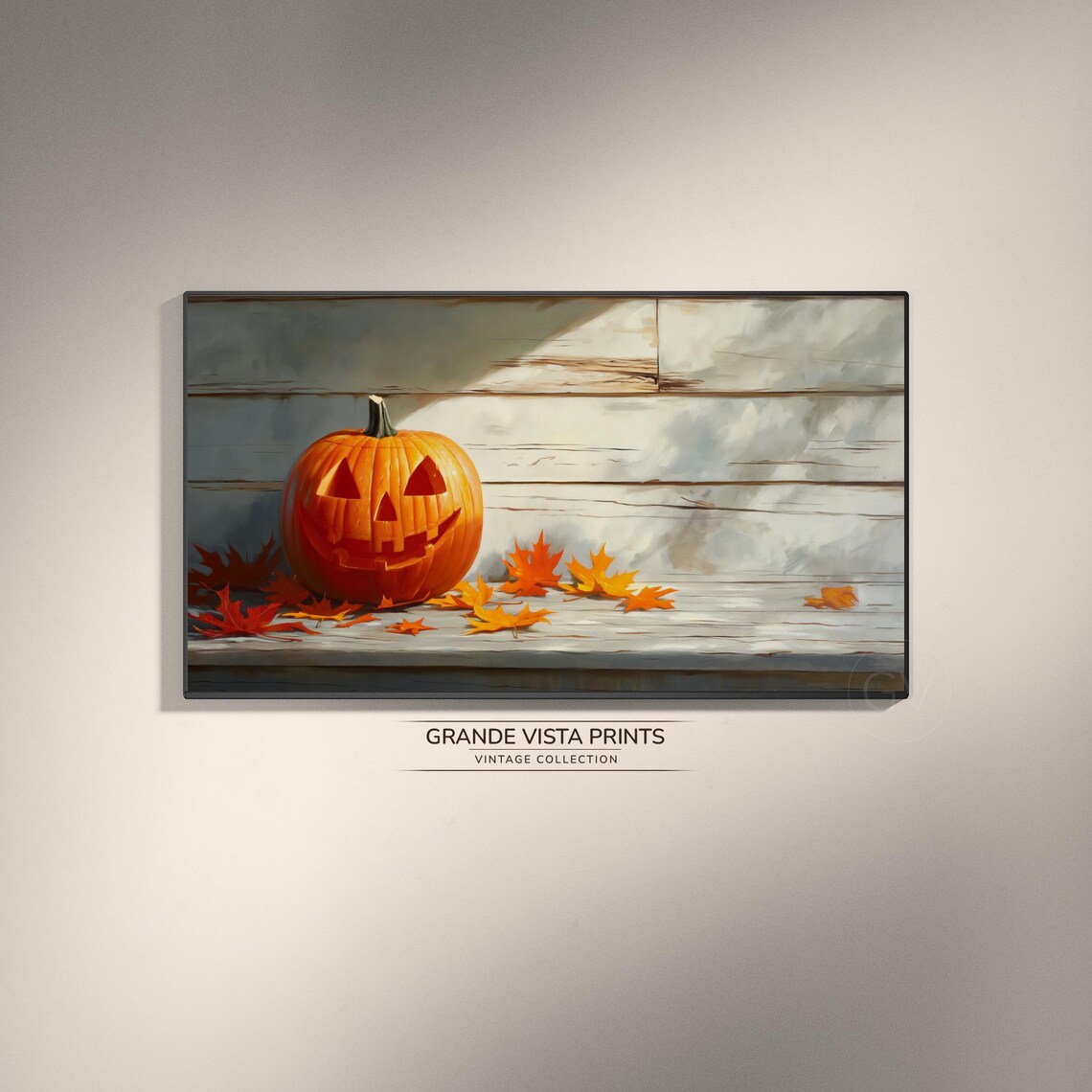 Smiling Jack O Lantern White Steps Fall Leaves Vintage Halloween Art Poster