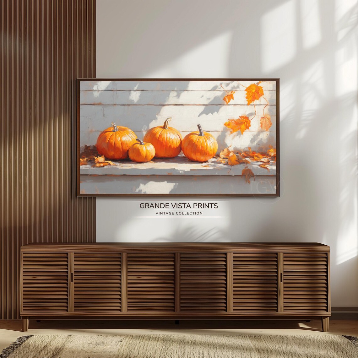 Four Orange Pumpkins White Wooden Wall Fall Leaves Vintage Harvest Poster - Image 3