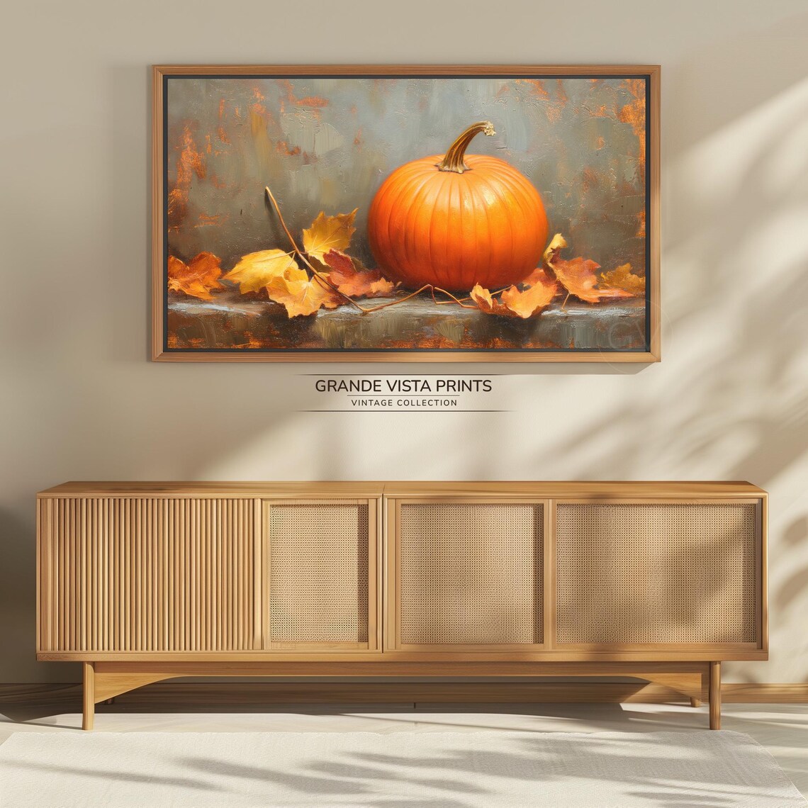Orange Pumpkin Stone Ledge Scattered Maple Leaves Vintage Fall Art Poster - Image 4