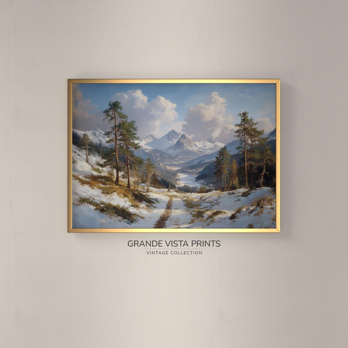 Winter Mountain Valley Snowy Pines Trail Vintage Landscape Poster