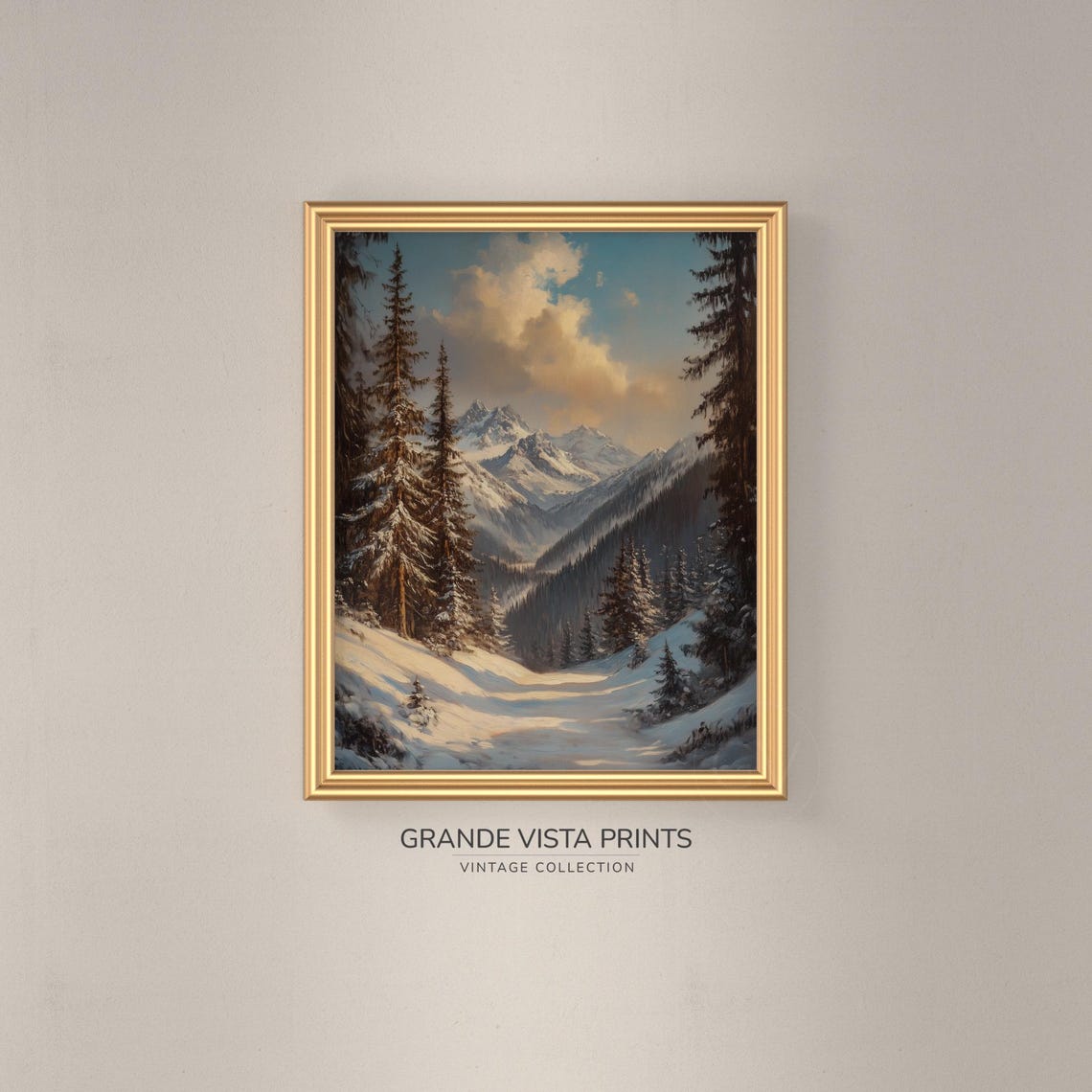 Snowy Mountain Valley Tall Pines Warm Clouds Winter Travel Poster - Image 3