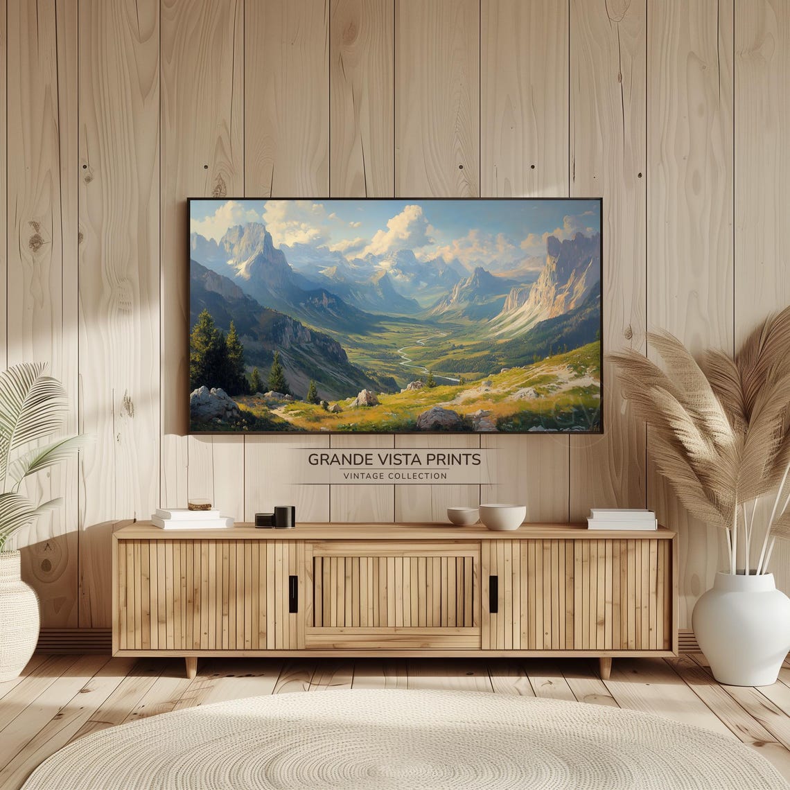 Alpine Valley Panoramic View Winding River Spring Meadow Travel Poster - Image 2