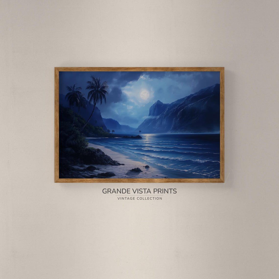 Tropical Blue Night Beach Moonlit Waves Cliffs Coastal Travel Poster - Image 2