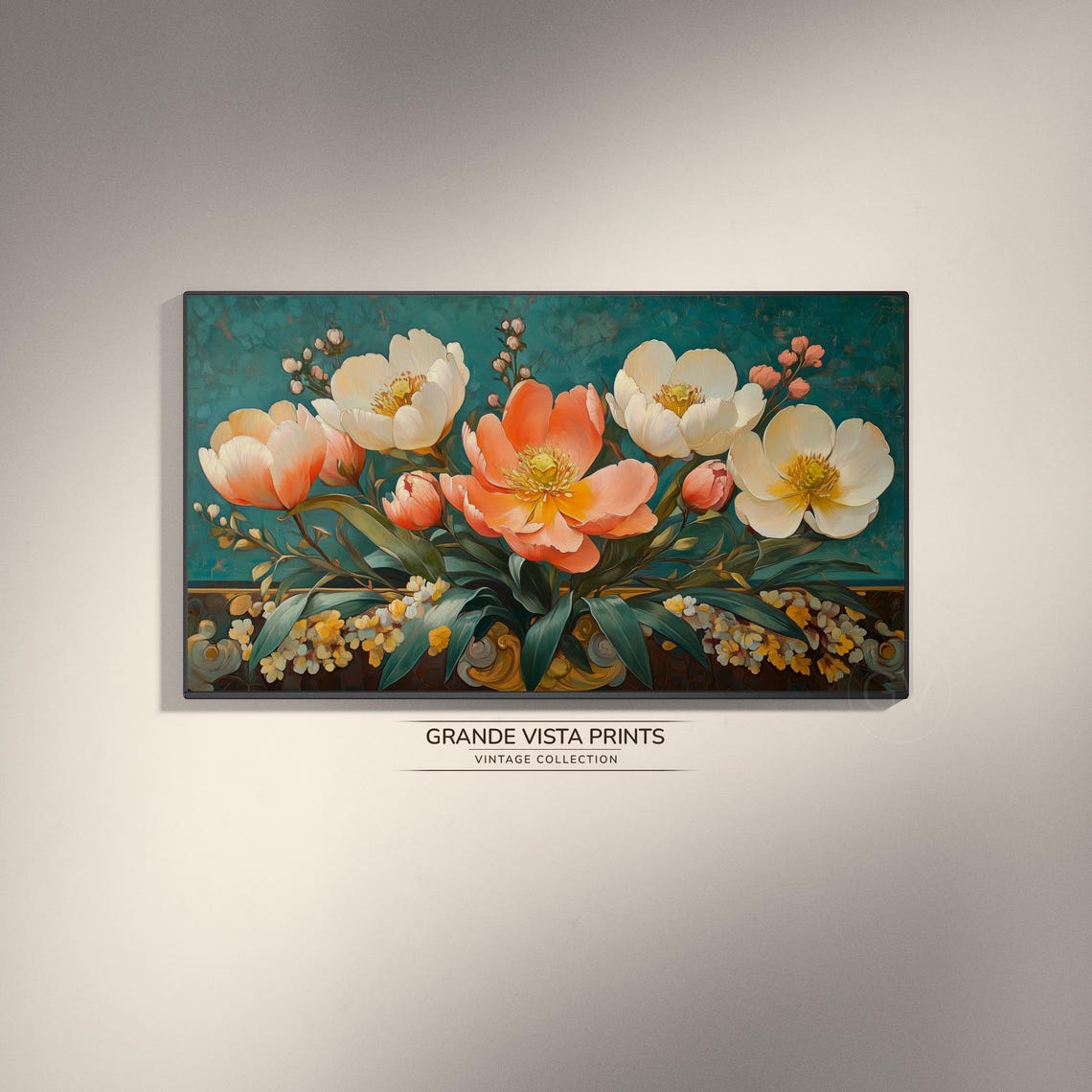 Peach and White Peony Blossoms on Teal Floral Painting Wall Art