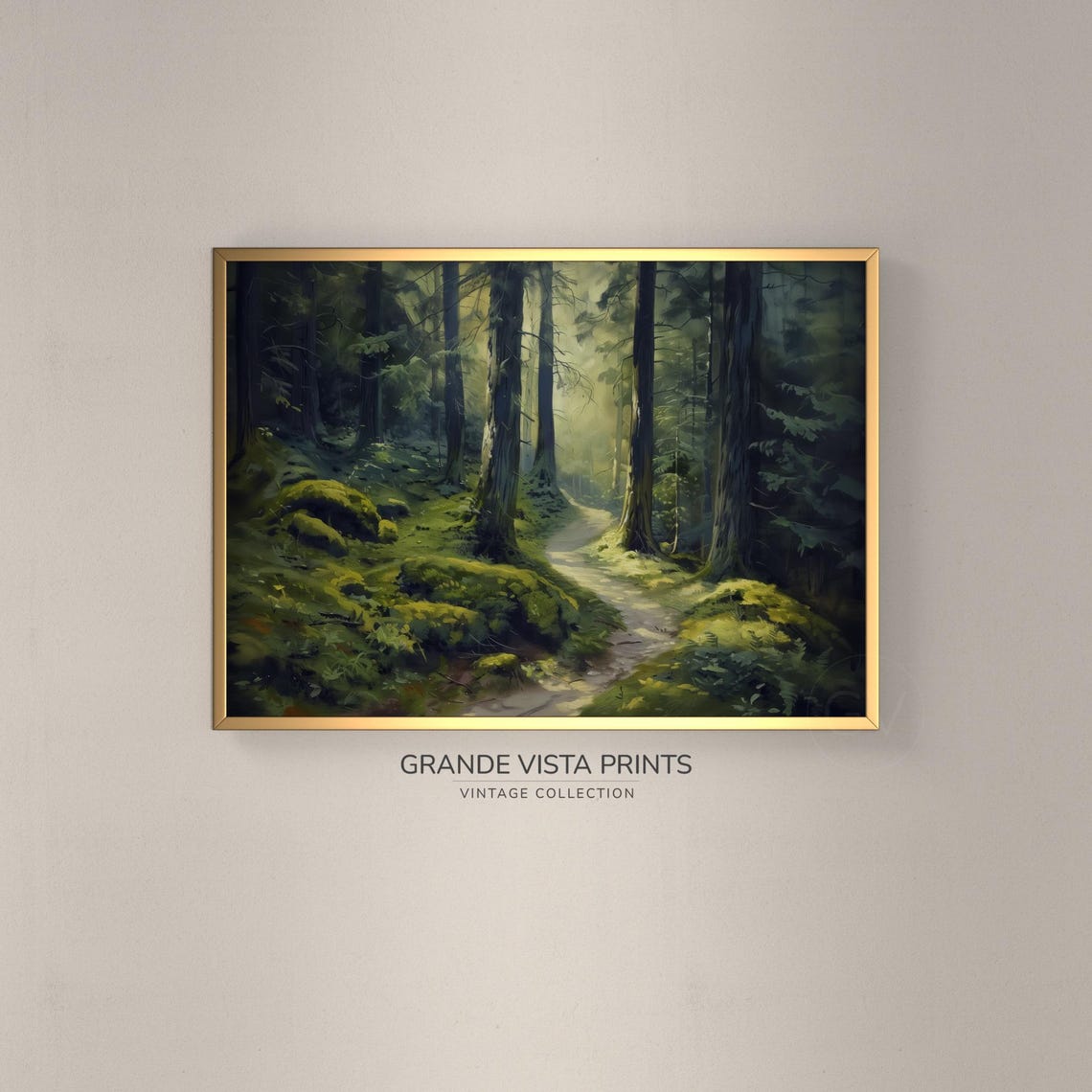 Misty Pine Forest Trail Moss Covered Path Sunlight Vintage Poster