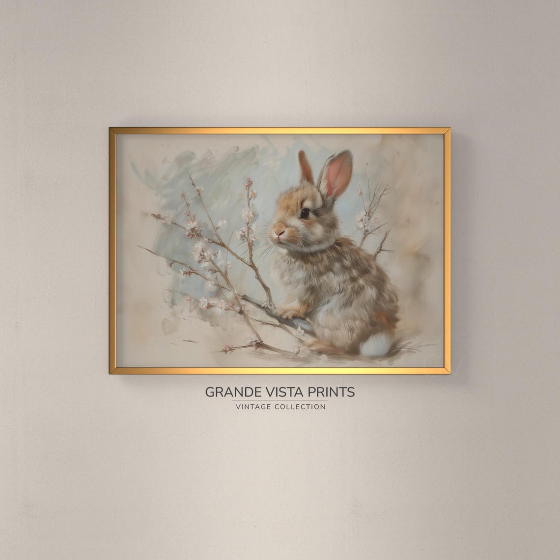 Tiny Brown Bunny with Spring Blossom Twigs Soft Watercolor Easter Art