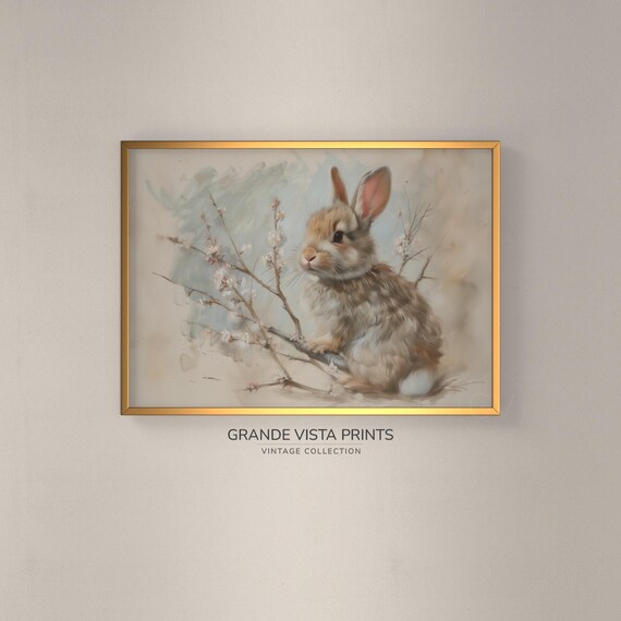 Tiny Brown Bunny with Spring Blossom Twigs Soft Watercolor Easter Art