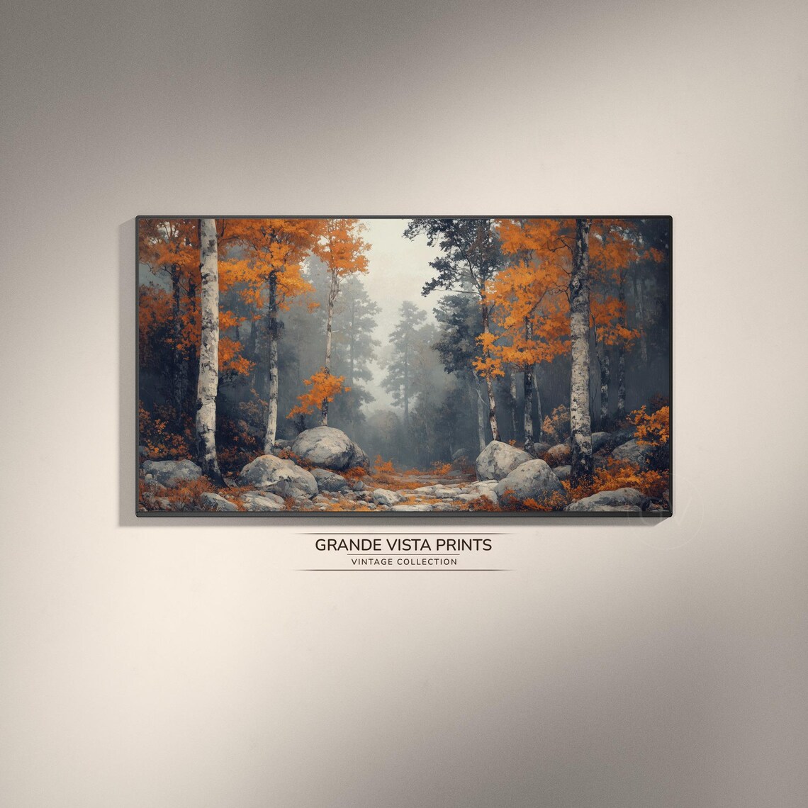 Misty Fall Forest Orange Aspens Boulders Foggy Vintage Painting