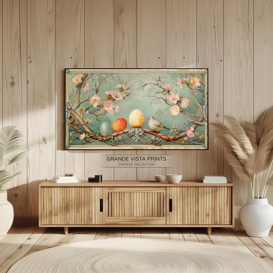 Easter Eggs on Blossom Branch with White Bird Vintage Spring Wall Art - Image 2