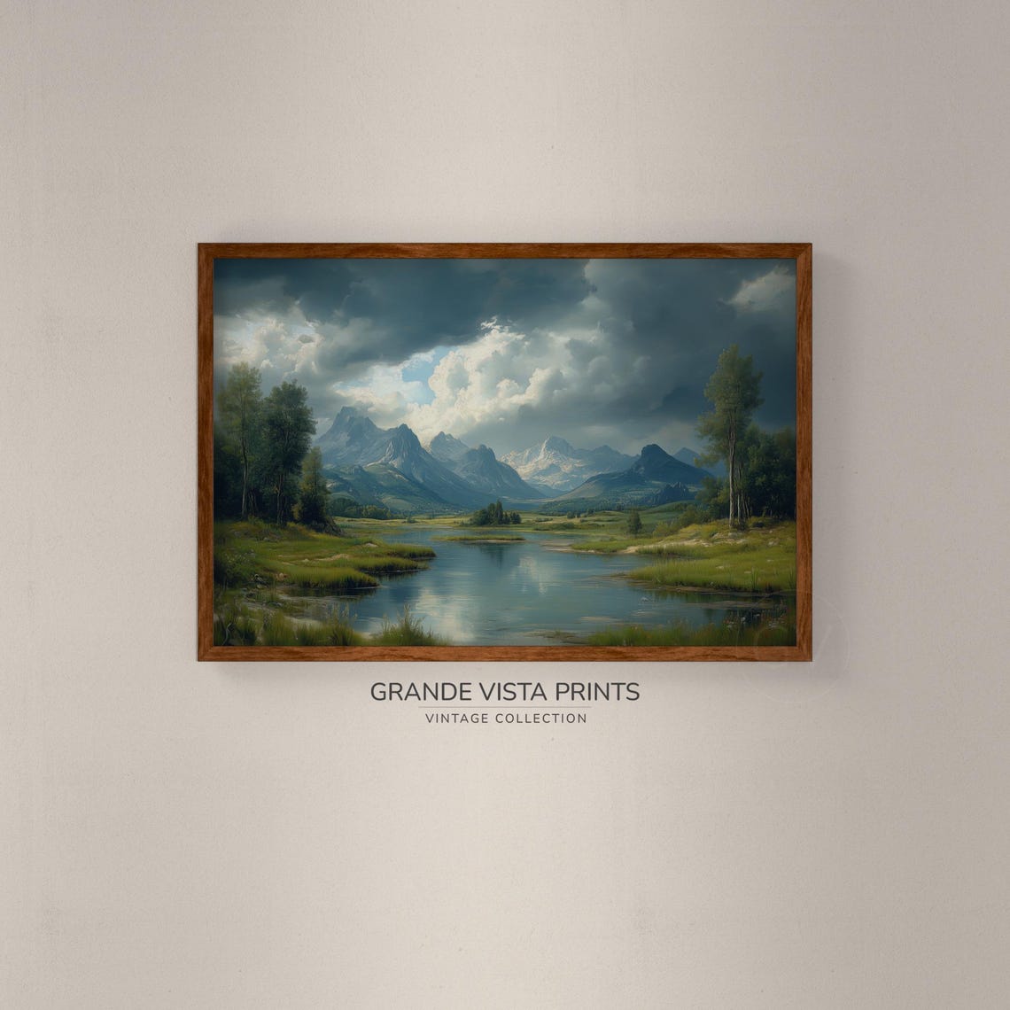 Mountain Lake Valley Dramatic Clouds Green Meadow Vintage Poster - Image 2
