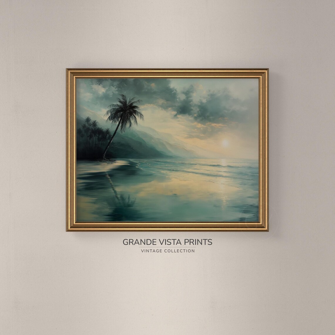 Tropical Palm Beach Misty Mountain Sunrise Teal Coast Travel Poster - Image 3
