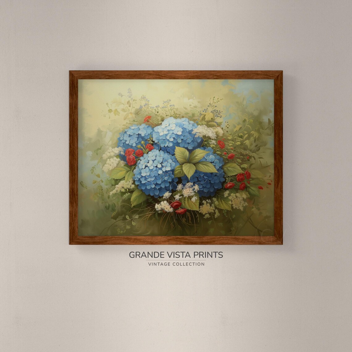 Blue Hydrangea Blossom Bouquet Vintage Floral Still Life Art Poster - Image 4