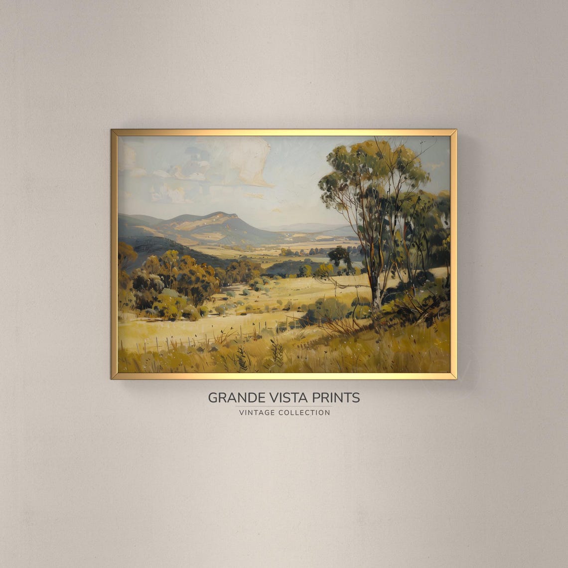 Golden Summer Field Eucalyptus Trees Rolling Hills Vintage Poster