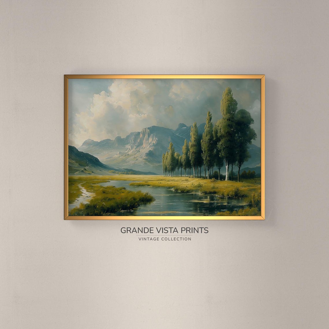 Spring Valley River Poplar Trees Golden Light Mountain View Poster
