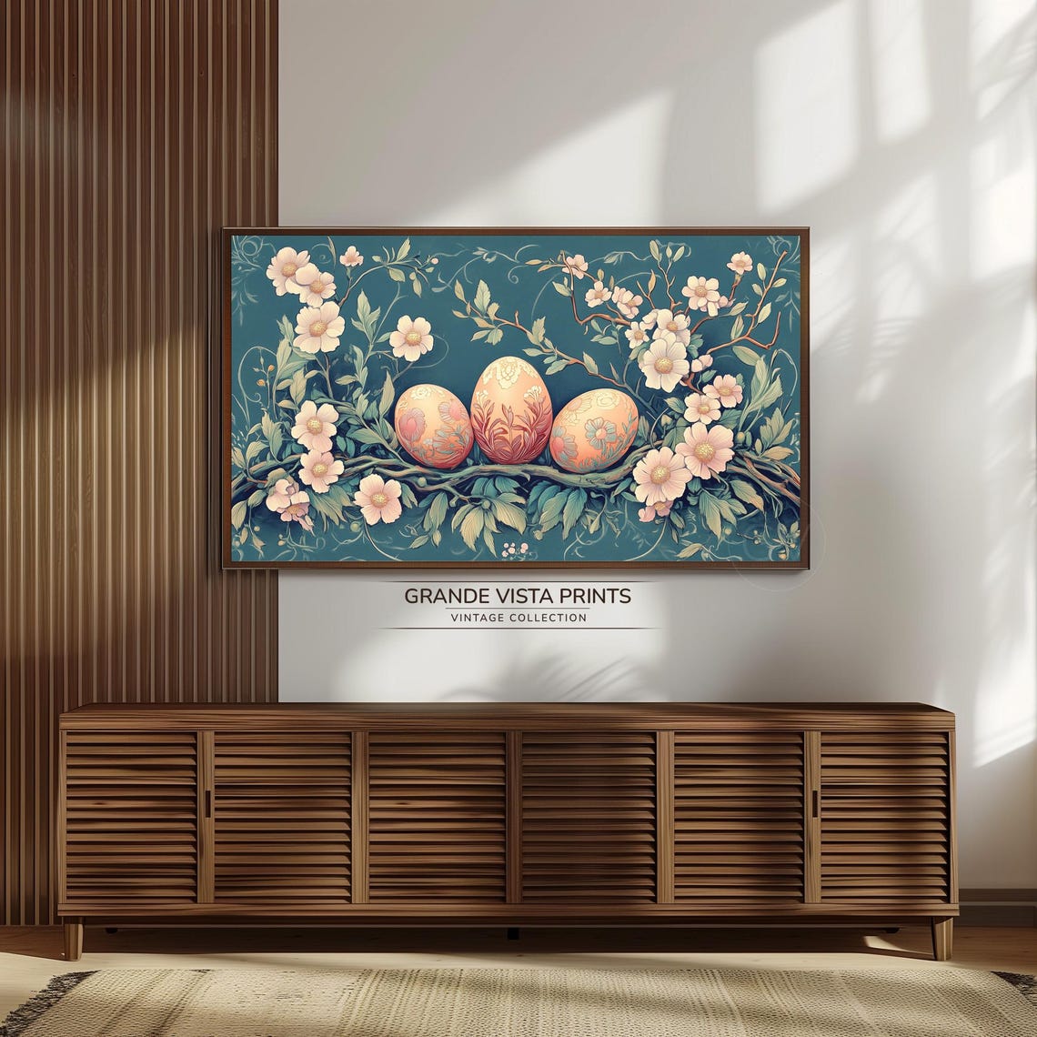 Three Ornate Painted Easter Eggs Blossom Branch Teal Botanical Poster - Image 3
