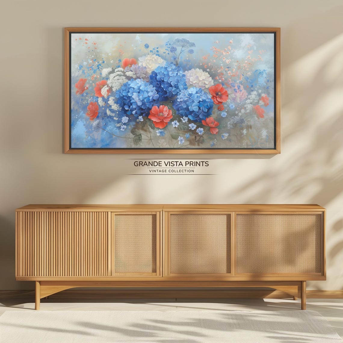Blue Hydrangea Red Poppy Floral Still Life Patriotic Painting Poster - Image 4