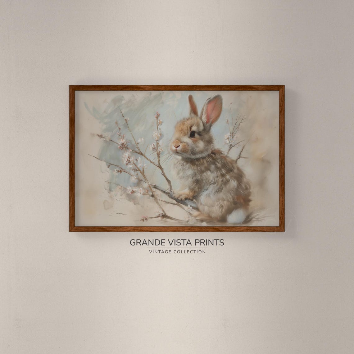 Tiny Brown Bunny with Spring Blossom Twigs Soft Watercolor Easter Art - Image 2