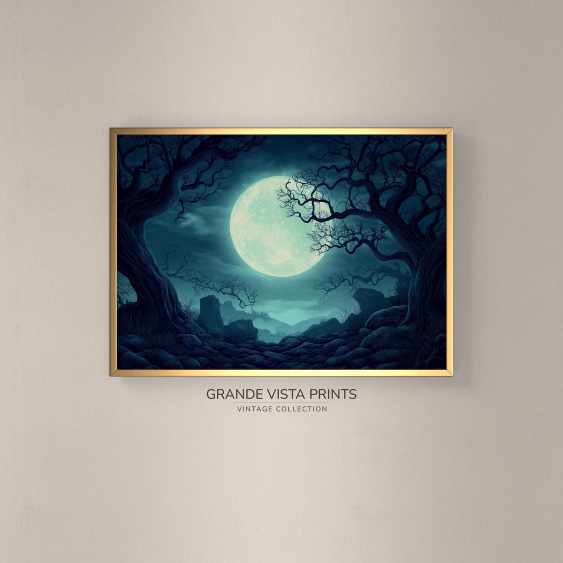 Blue Moon Rising Over Twisted Bare Trees Rocky Night Path Art Poster