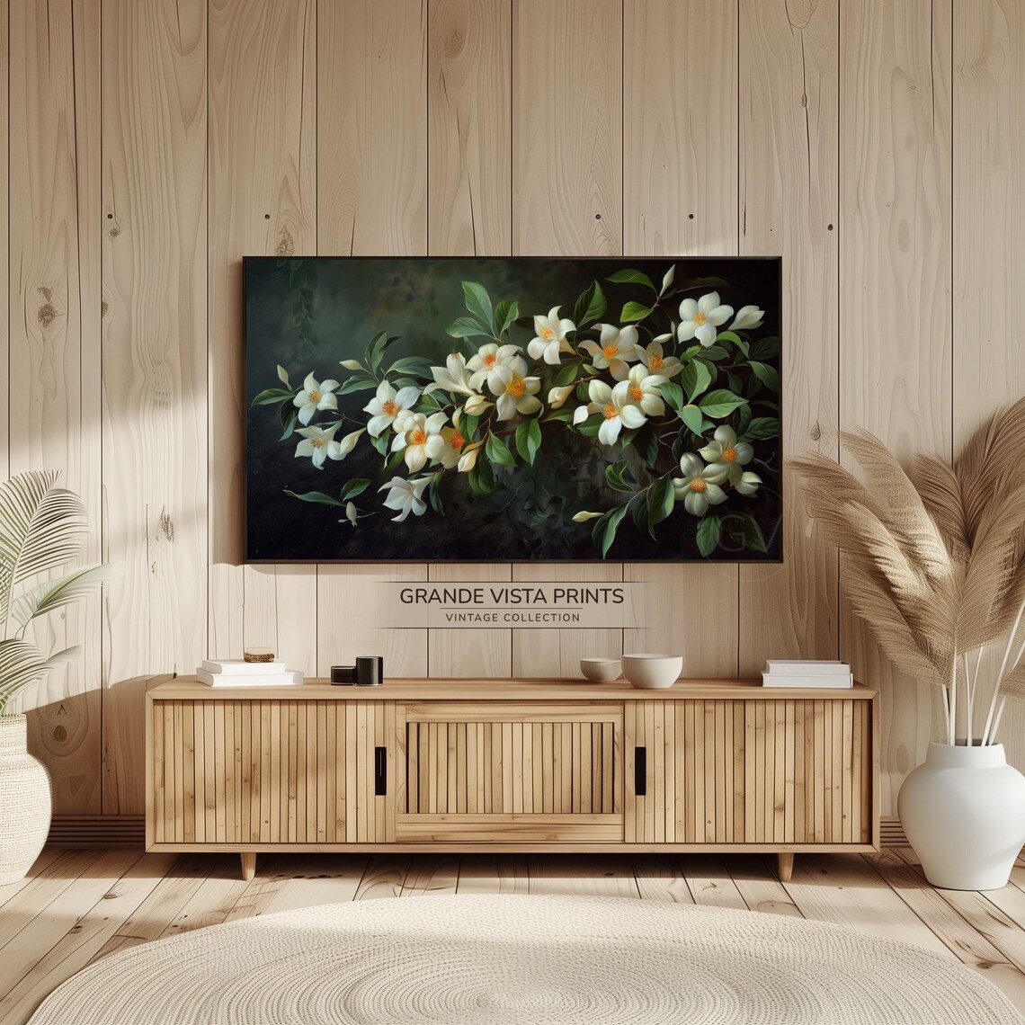 White Jasmine Flowers Dark Moody Vintage Botanical Painting Wall Art - Image 2