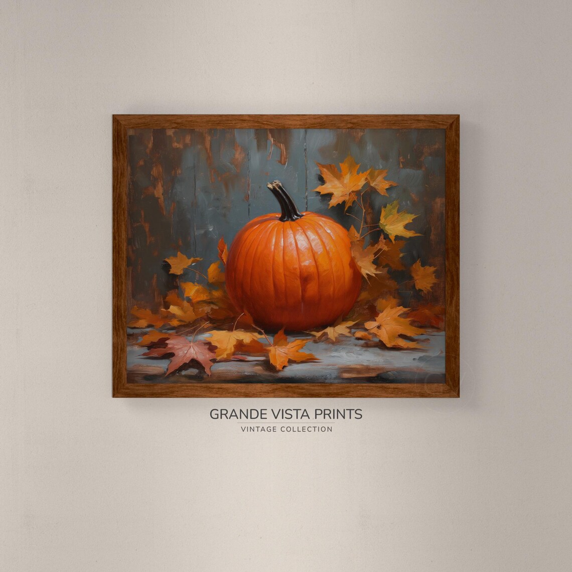 Orange Pumpkin Red Maple Leaves Dark Harvest Still Life Painting Poster - Image 4