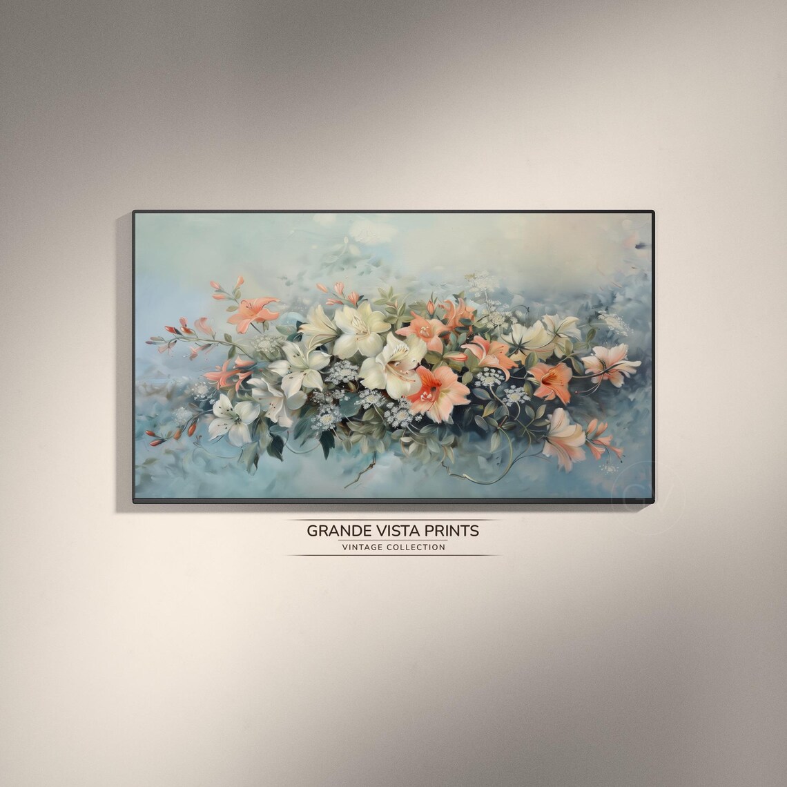 White Coral Blossoms Wildflower Bouquet Blue Floral Painting Poster