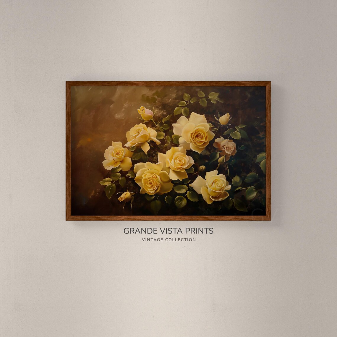 Cream Yellow Roses Vintage Still Life Dark Brown Floral Wall Poster - Image 2