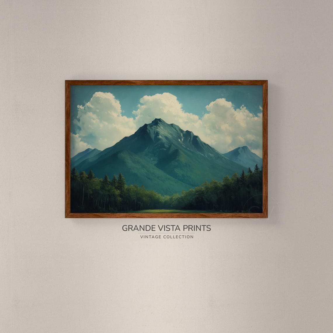 Green Mountain Peak Blue Sky Cumulus Clouds Pine Forest Travel Poster - Image 2