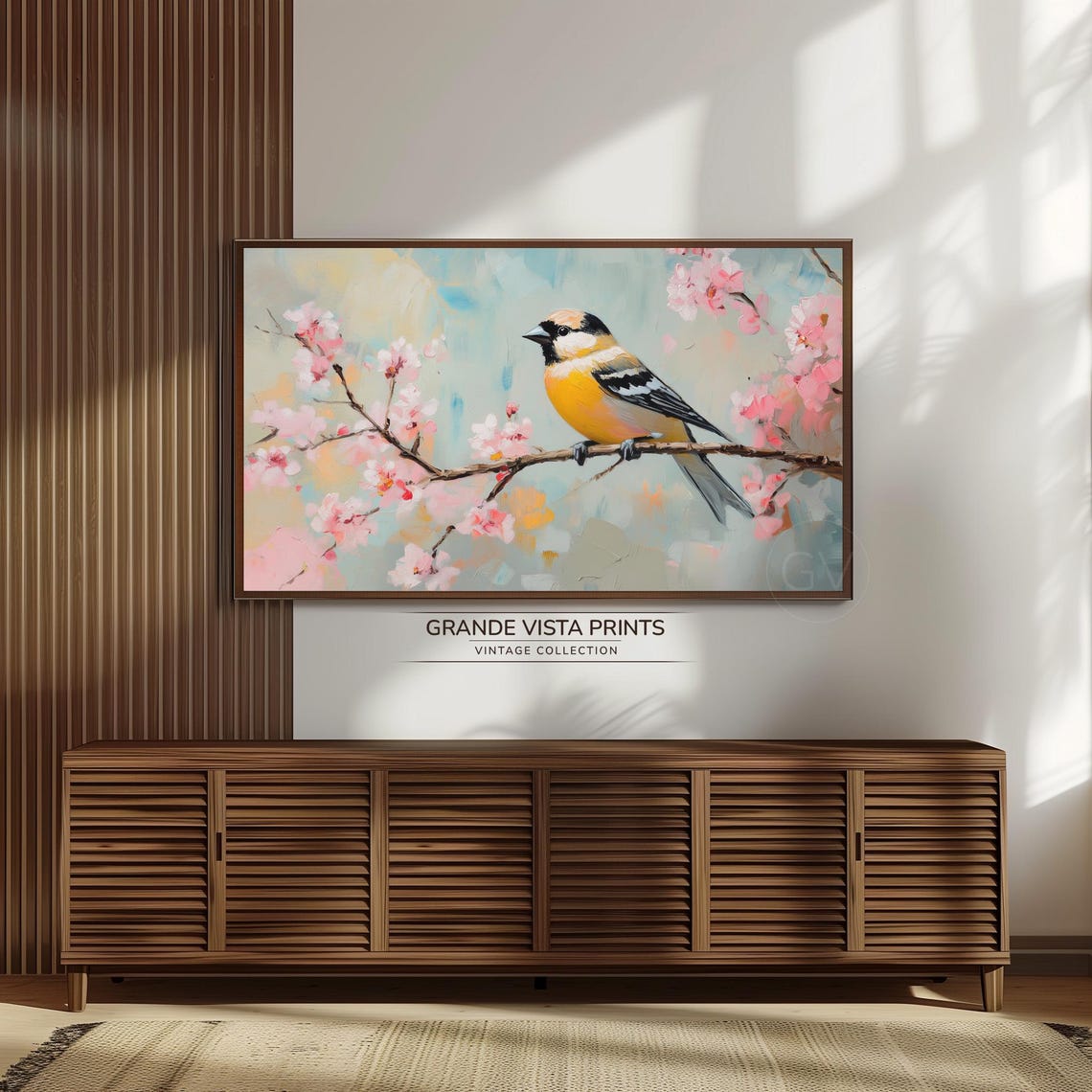 Yellow Breasted Songbird Pink Cherry Blossom Spring Bird Art Poster - Image 3