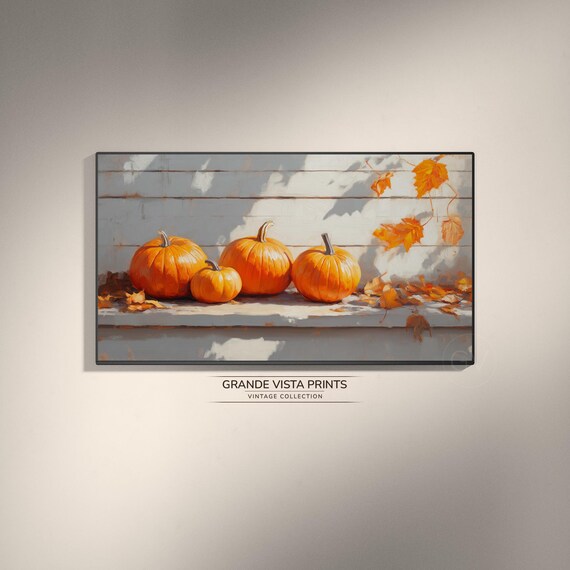 Four Orange Pumpkins White Wooden Wall Fall Leaves Vintage Harvest Poster