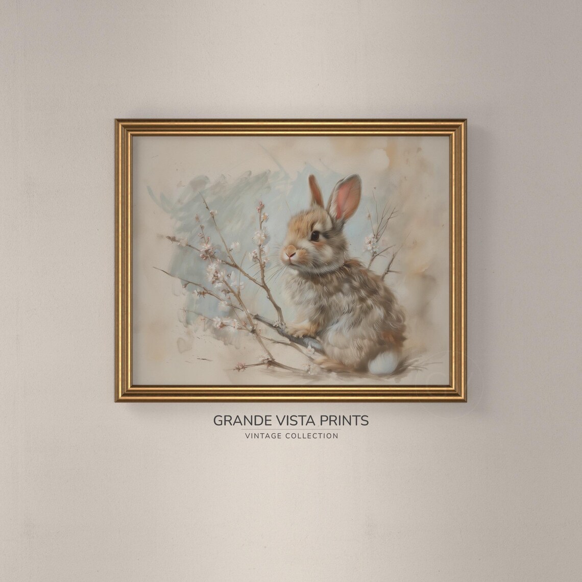 Tiny Brown Bunny with Spring Blossom Twigs Soft Watercolor Easter Art - Image 3