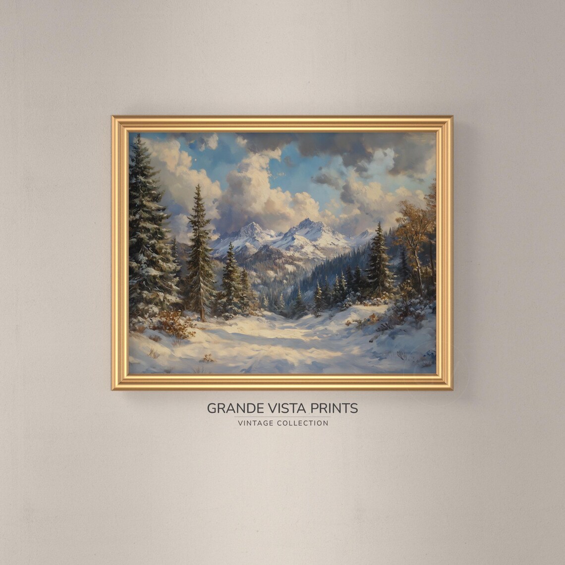 Snowy Mountain Valley Landscape Painting, Winter Wall Art - Image 3