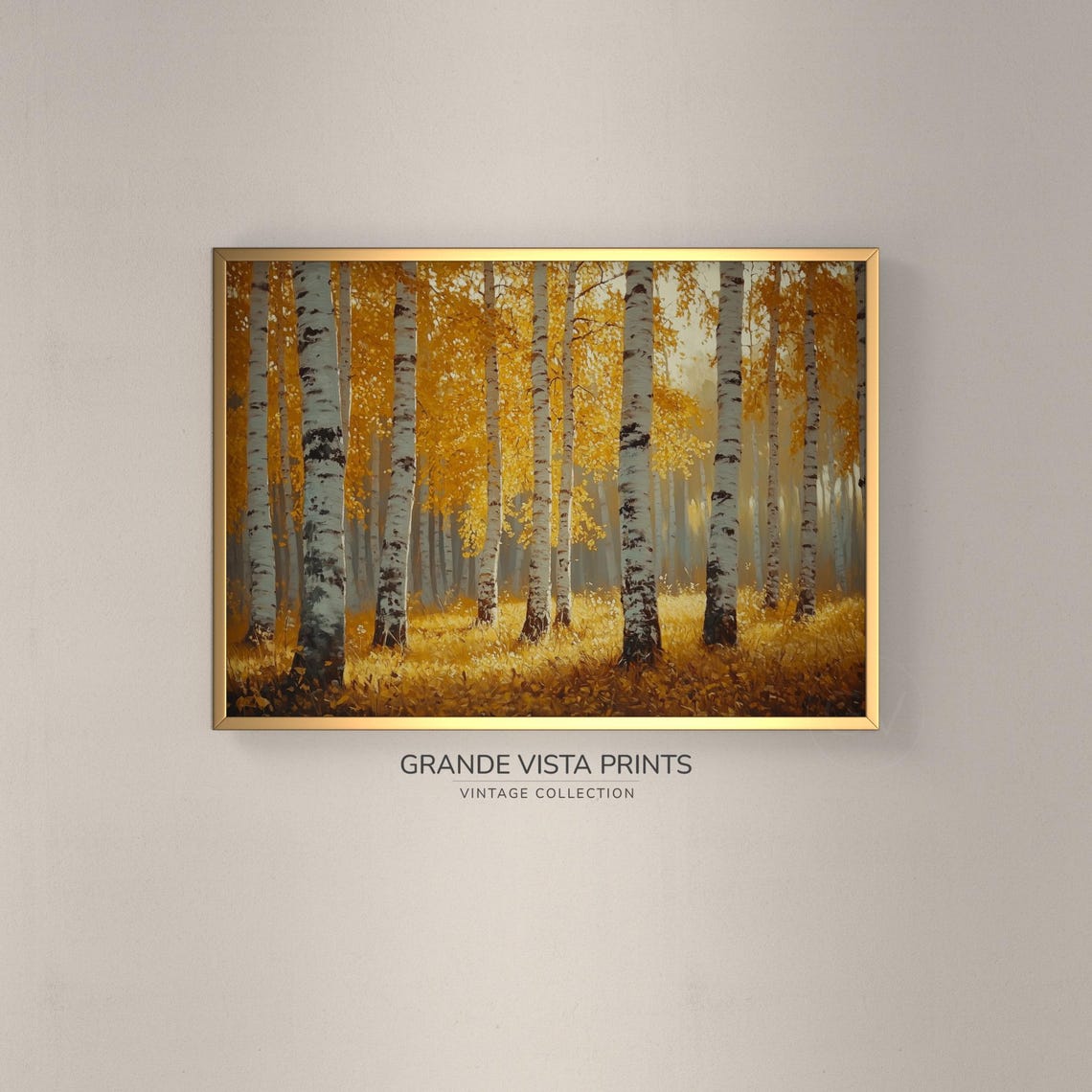 Golden Birch Grove Sunlit Grass Warm Autumn Vintage Forest Poster